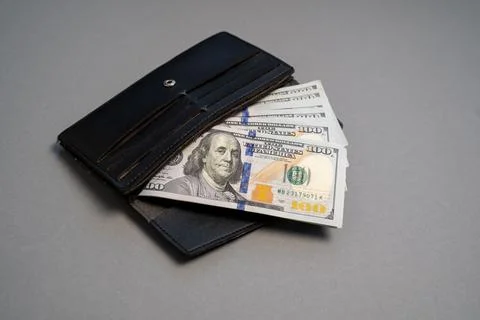 American dollar banknotes stack, pack of money in black wallet, rich, luxury Stock Photos