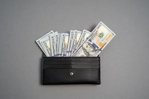 American dollar banknotes stack, pack of money in black wallet, rich, luxury Stock Photos