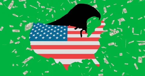 American dollar bills falling over american flag design over us map against Stock Footage 325645688