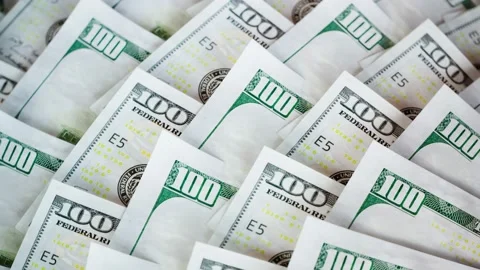 American dollars. Cash. Stack of money. One hundred dollar banknotes. Savings. Stock Footage 163556769