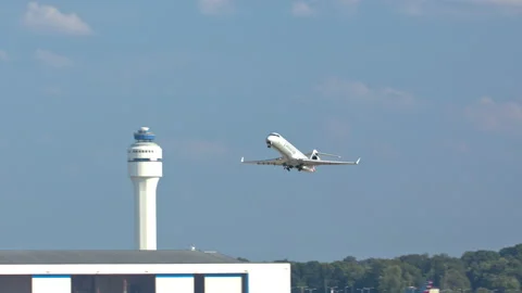 American Eagle CRJ-700 Taking Off from Charlotte Douglas CLT Airport Stock Footage 145942557