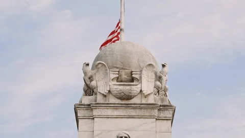 American Eagles on Marble Monument with US Flag Stock Footage 311047339