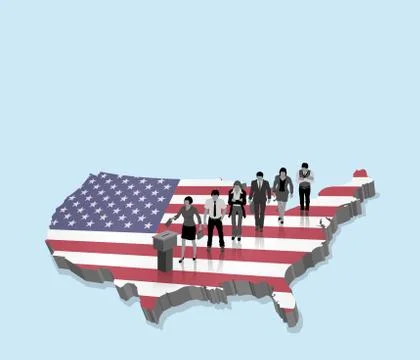 American election over an 3D map with USA citizens and US flag Stock Illustration