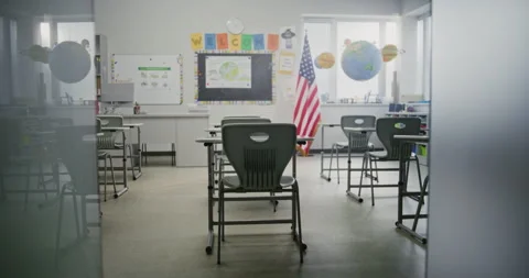 American Elementary School: Interior of Empty Classroom with Desks for Students Stock Footage 315533359