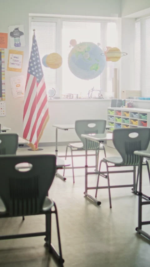 American Elementary School: Interior of Empty Classroom with Desks for Students Stock Footage 315535097
