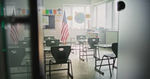 American Elementary School: Interior of Empty Classroom with Desks for Students Stock Footage 315535556