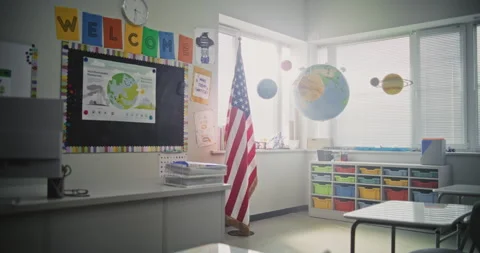 American Elementary School: Interior of Empty Classroom with Desks for Students Stock Footage 315537312