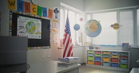 American Elementary School: Interior of Empty Classroom with Desks for Students Stock Photos