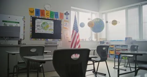 American Elementary School: Interior of Empty Classroom with Desks for Students Stock Photos