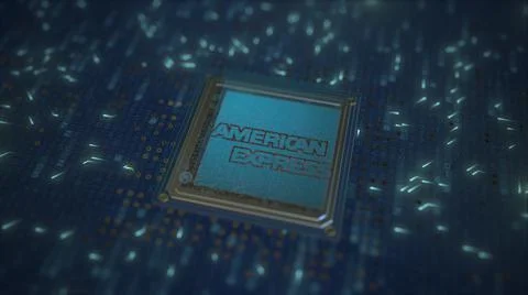 AMERICAN EXPRESS logo on the chip on computer board. Conceptual editorial 3d Stock Illustration
