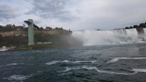 American Falls beside the wooded cliffs of Goat Island Stock Footage 345996038