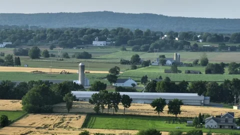 American farm fields and farmsteads with barn in rural area. Sunny day in Stock Footage 313573834