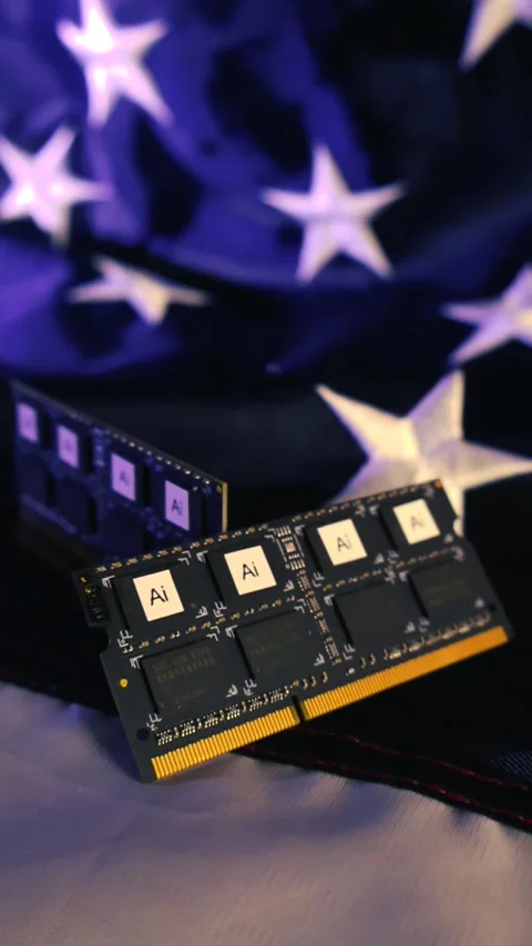 American Flag with AI Artificial Intelligence RAM Memory Chips Stock Footage 340299412