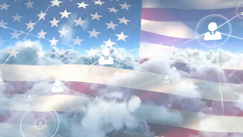 American flag and cloud computing animation over network of connected user icons Stock Footage 303950139
