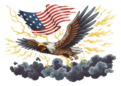 American flag and eagle on clouds. Waving national symbol. American colorful Stock Illustration