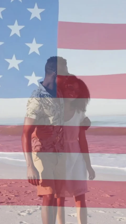 American flag animation over couple standing on beach, enjoying view Stock Footage 343615917