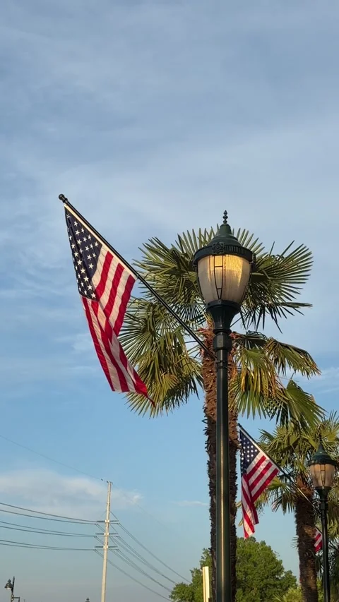 American flag attached to a lamp post blows in the wind Stock Footage 337497815