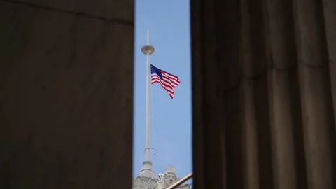 American Flag Between Two Pillars Stock Footage 161810106