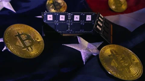 American flag with bitcoin and artificial intelligence chips Stock Footage 338327481
