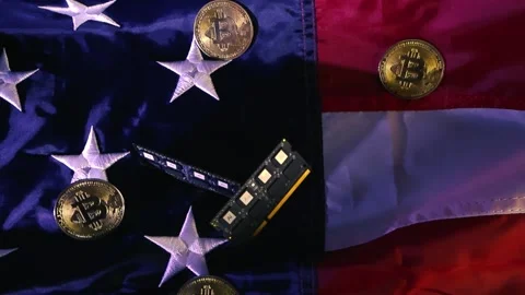 American Flag with Bitcoin Crypto Currency and RAM Computer Chips Stock Footage 339810405