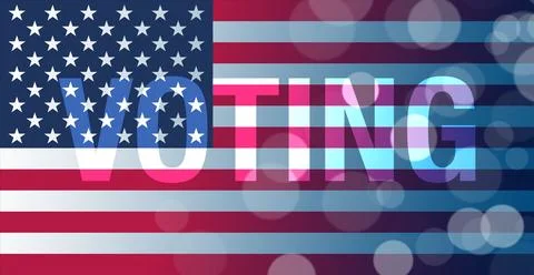 American flag with bold VOTING text overlay and bokeh, symbolizing democracy and Stock Illustration