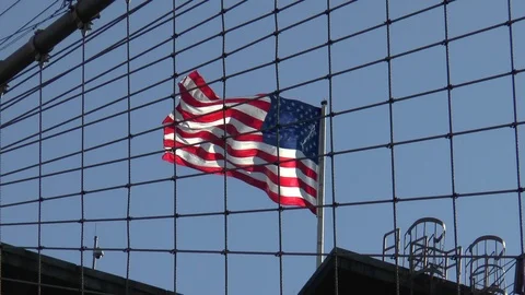 American Flag Brooklyn Bridge Slow Motion Stock Footage 119648807