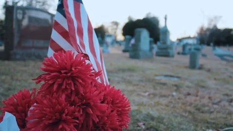 American Flag in a Cemetery Stock Footage