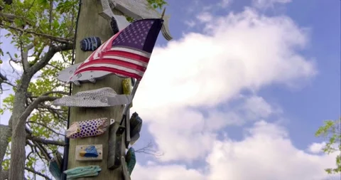American Flag with Clear Blue Sky and fish shaped figures. 4K Stock Footage 138596272