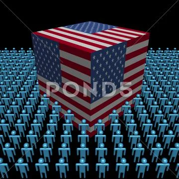 American flag cube surrounded by people illustration Stock Illustration
