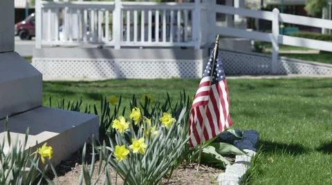 American flag with daffodils in front of memorial Stock Footage 49937174