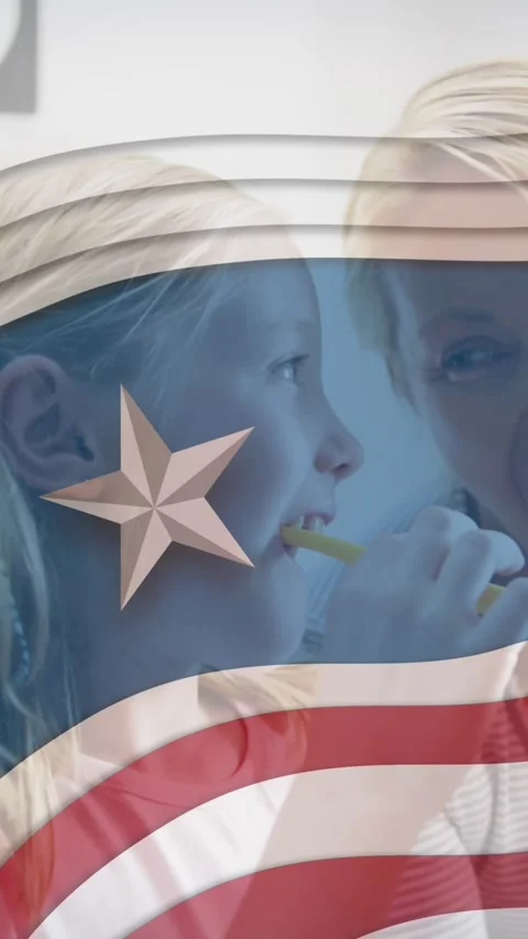 American flag design pattern against caucasian mother and daughter brushing Stock Footage 342136307