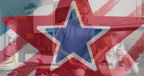 American flag design pattern and pulsating star over caucasian mother and Stock Footage 156182404