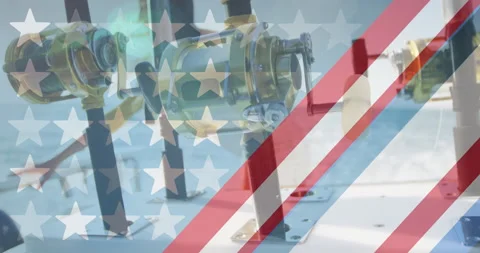 American flag design pattern and multiple stars against close up of fishing rods Stock Footage 156182565