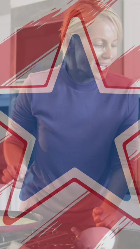 American flag design pattern and pulsating star over caucasian mother and Stock Footage 319066866