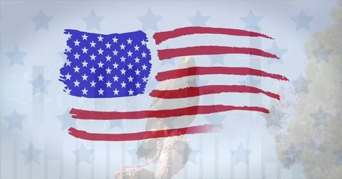 American flag design pattern and multiple star against eagle sitting on a branch Illustrazione stock