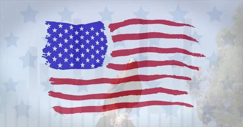 American flag design pattern and multiple star against eagle sitting on a branch Foto stock