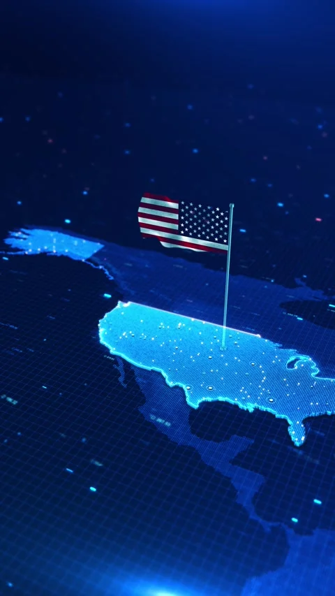 American Flag on Digital USA Map with Futuristic Technology Data Stock Footage 342617782