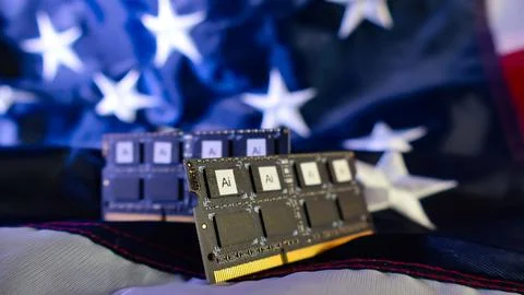 American flag displaying AI computer chips for technology development Stock Photos