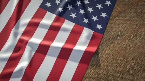 American Flag Draped Across a Rustic Wooden Surface 3d render. Stock Photos