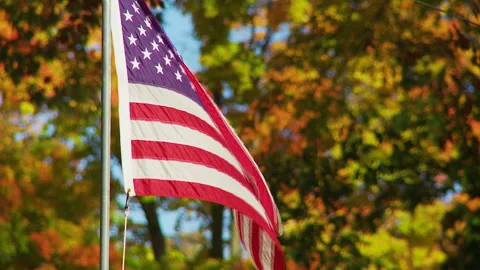 American Flag With Fall Color In The Background Stock Footage 164871489