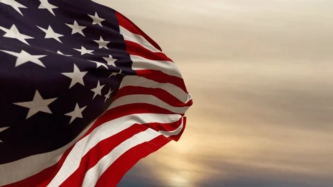 American flag flutters in the wind against the sunset sky, clouds time lapse Stock Footage 119166321