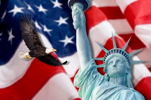 American Flag, flying bald Eagle,statue of liberty and Constitution montage Illustrazione stock