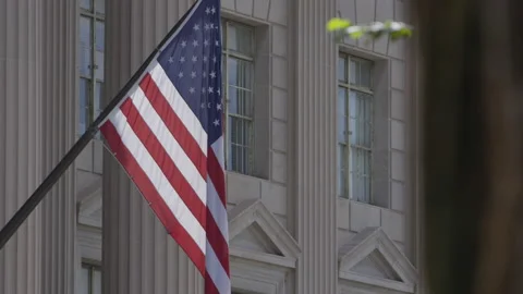 American Flag Flying in Front Of Washington DC Building From Behind Tree Vídeos de archivo 211869247