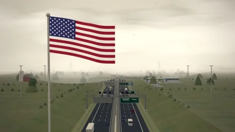 American Flag Flying Over Interstate Highway Rural Traffic seamless loop Stockbeeldmateriaal 344681617