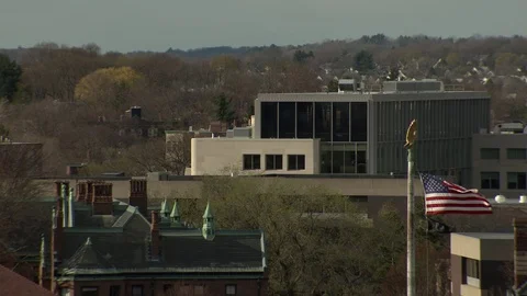 American flag flying over rooftops and trees Stock Footage 77382287
