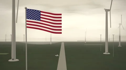 American Flag Flying Over Wind Farm Turbine Field seamless loop Stock Footage 344681783
