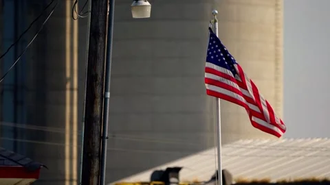 American flag in front of the grain elevator in Lebanon Stock Footage 345530739
