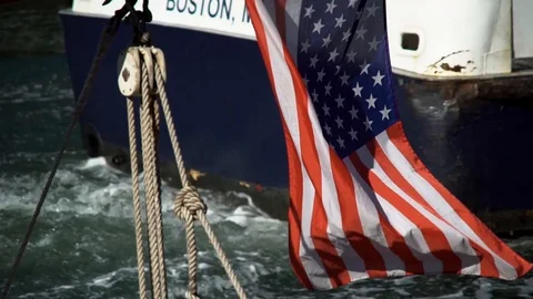 American Flag in front of passing Ship Stock Footage 117620108