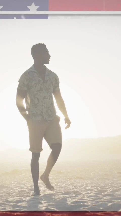 American flag with glitch effect against african american man walking on the Stock Footage 341658215