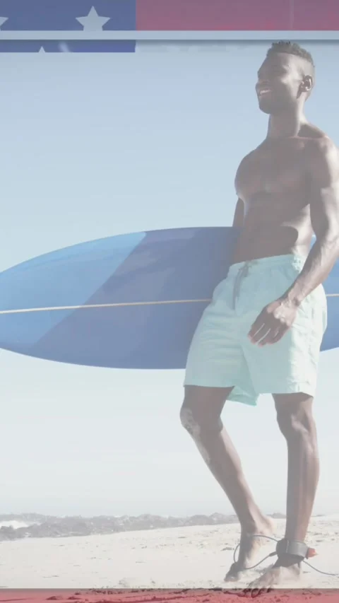 American flag with glitch effect against african american man with surfboard at Stock Footage 341658219
